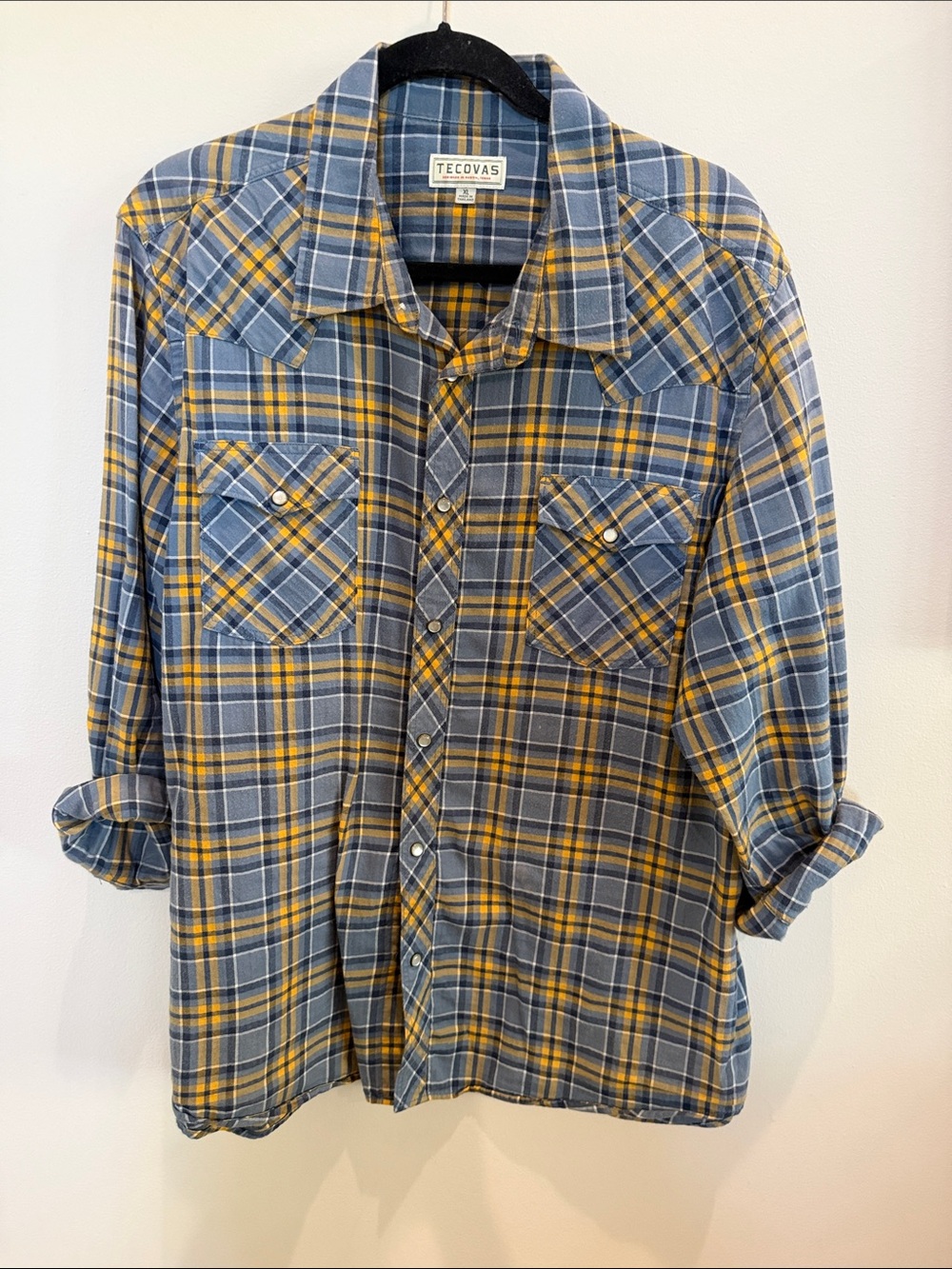 Tecovas Men's Blue and Yellow Plaid Button-Down Western Shirt